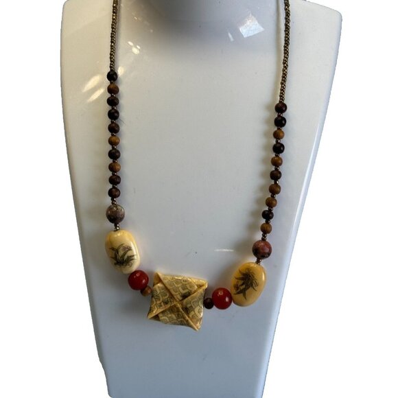 Handcrafted Jewelry - Artisan Necklace Bamboo Beads Cream Tone Carved Floral Focal 16 Inches